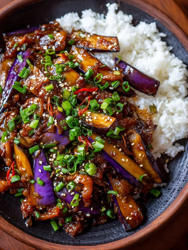 Chinese eggplant in garlic sauce pork ready to serve