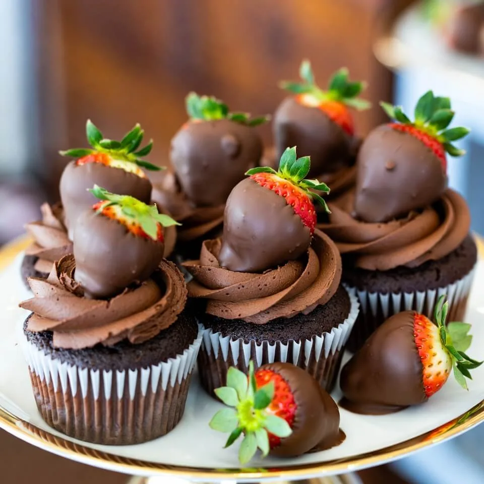 Chocolate Covered Strawberry Topped Cupcakes final serving