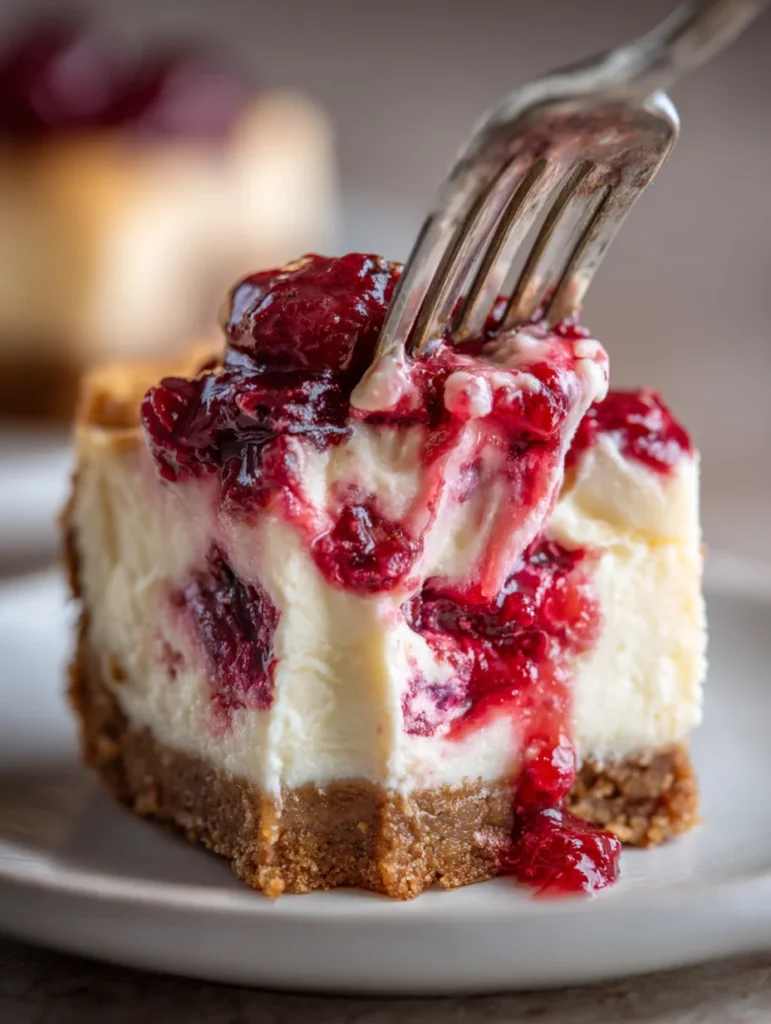 Fork cutting into cranberry cinnamon spiced cheesecake bar