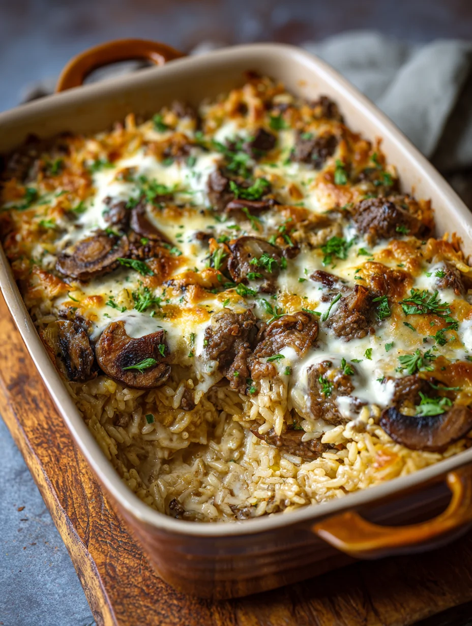 Creamy Beef and Rice Mushroom Bake