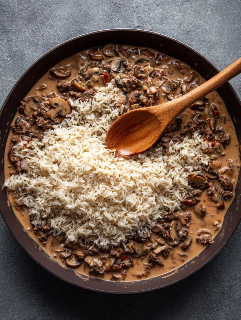 uncooked rice into the beef and mushroom mixture