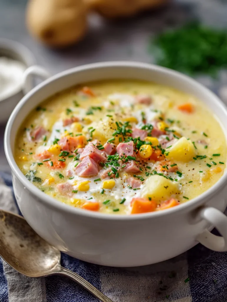 Creamy Ham Potato Corn Chowder 4 Bowl of creamy ham potato corn chowder