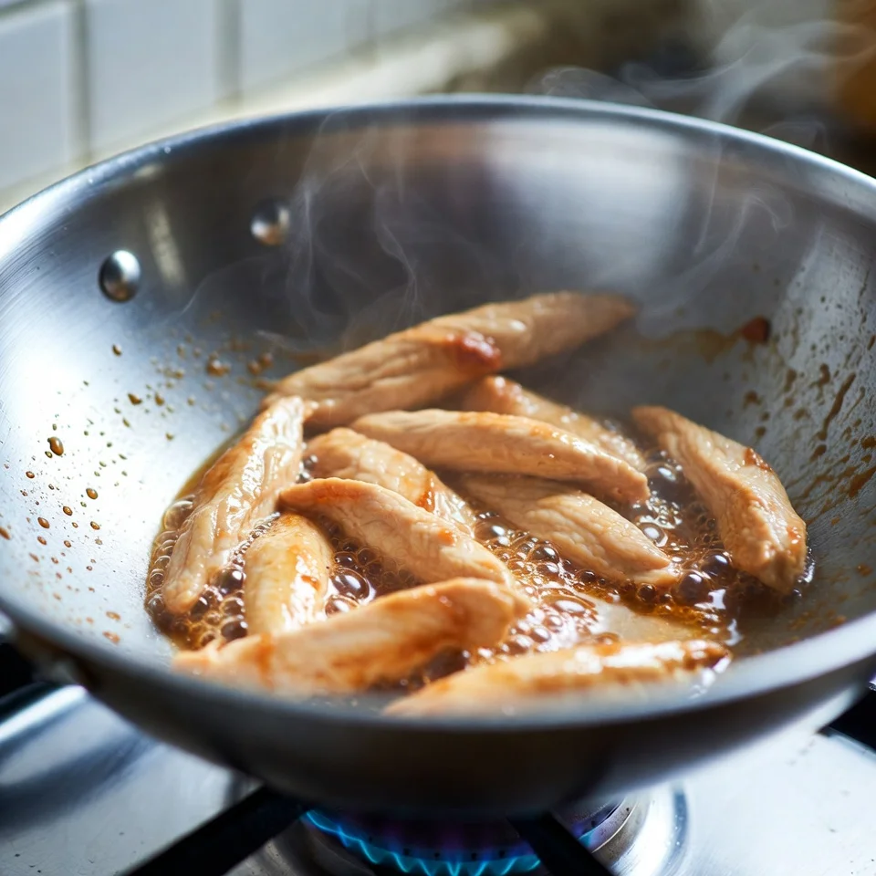 Heat oil in a pan or wok. Add chicken and cook