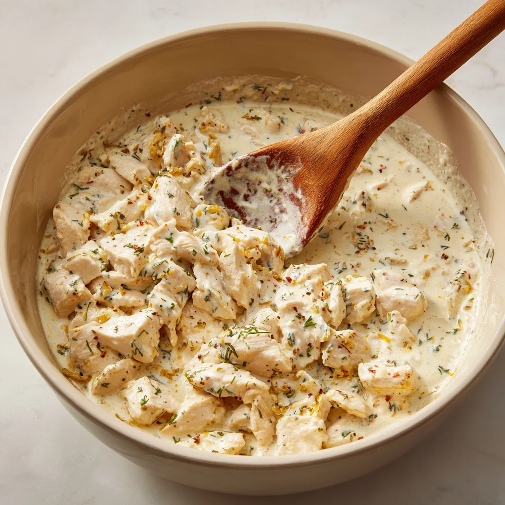 In a large bowl, combine cooked chicken, cream of chicken soup,