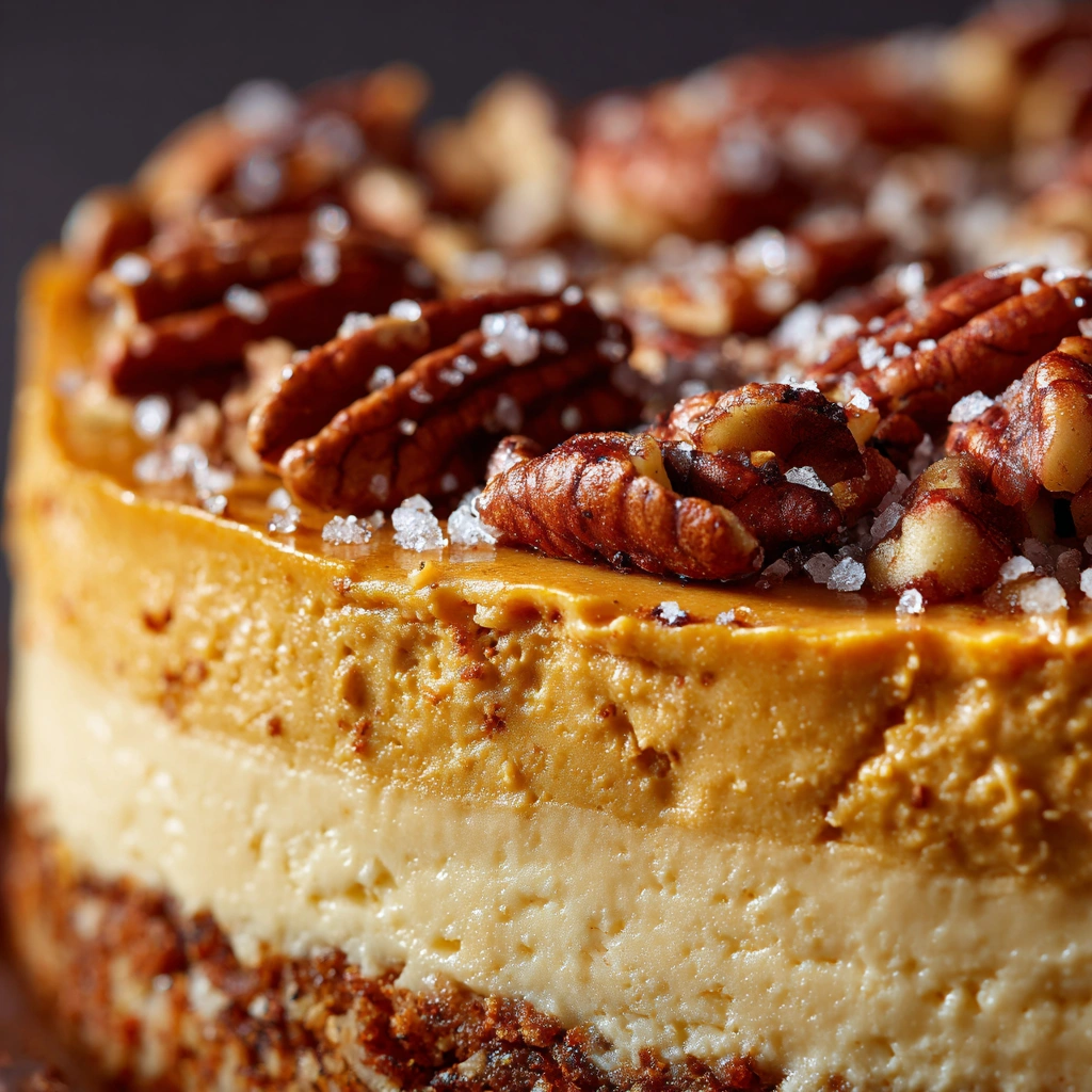 close up image of No-Bake Salted Pecan Pumpkin Cheesecake