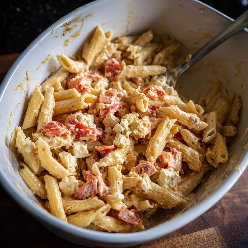 Mixing pasta with baked feta tomato sauce