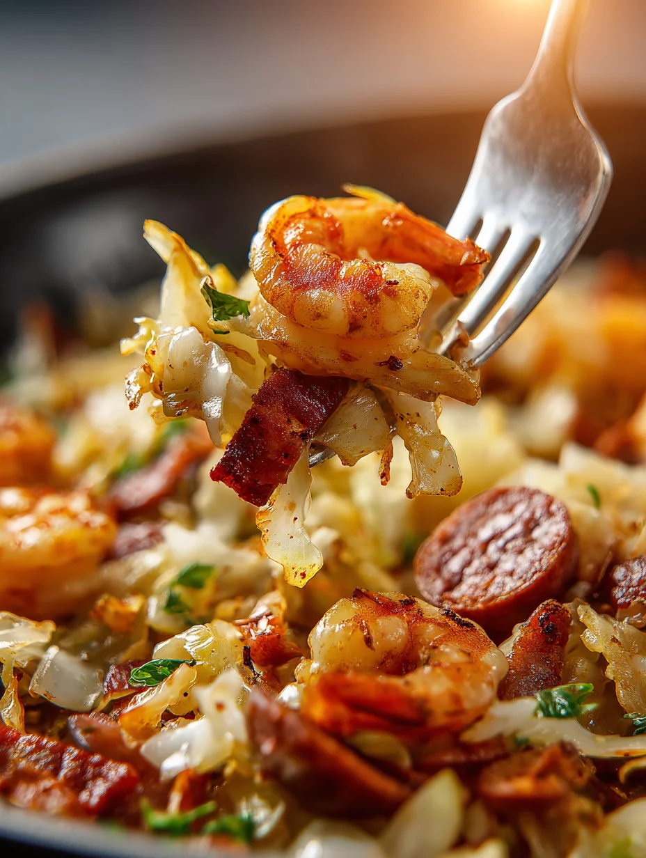 Fried Cabbage with Shrimp, Sausage & Bacon – Bold, Savory, and Comforting 6 Fork cutting into cranberry cinnamon spiced cheesecake bar