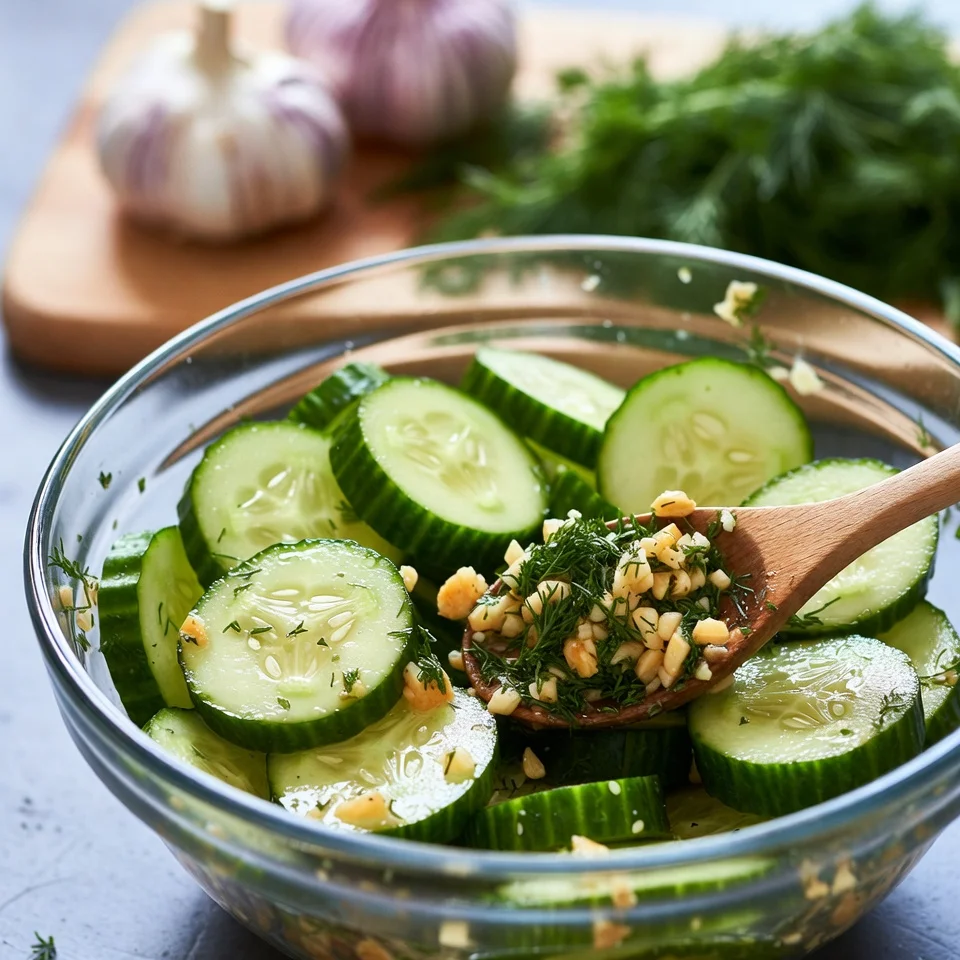 ucumbers into a jar or bowl. Scatter garlic cloves