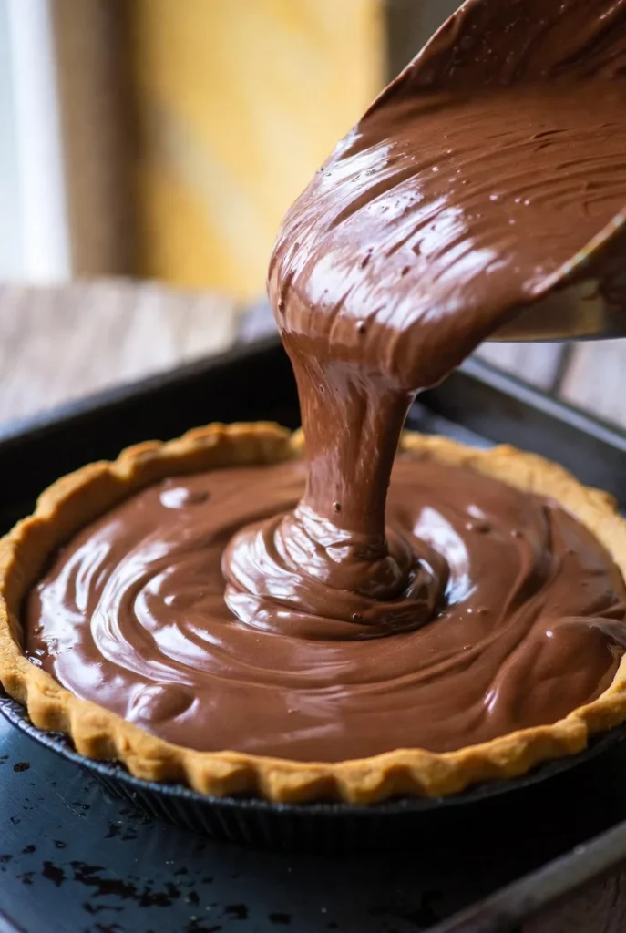 Mixing rich chocolate filling for German chocolate pie recipe