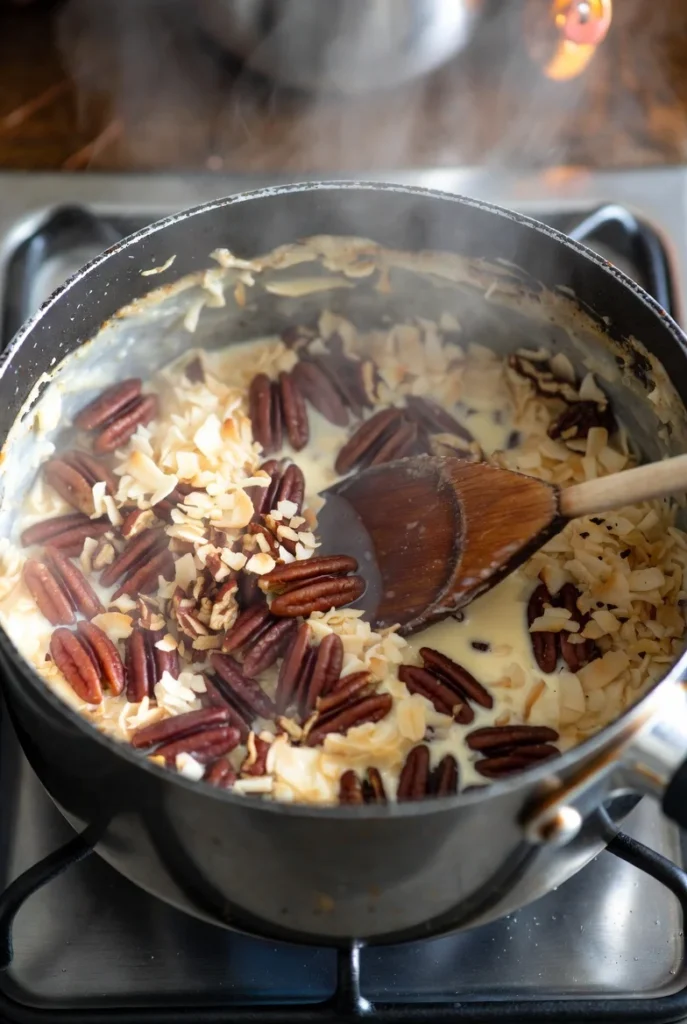 Pouring chocolate filling into pie crust for German chocolate pie