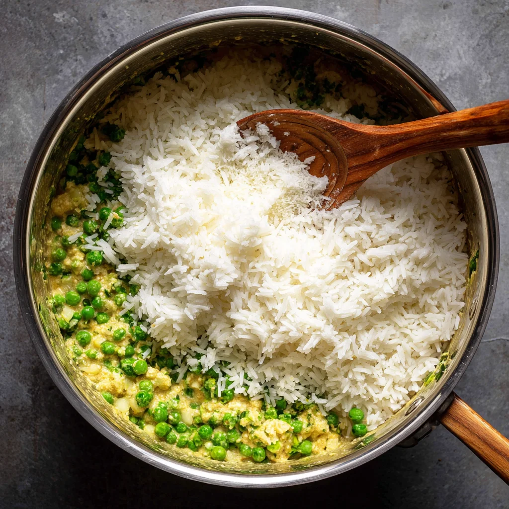 Rice and Peas Jamaican Recipe – Authentic, Comforting, and Full of Island Flavor 4 Adding rice to coconut peas mixture for Jamaican rice and peas