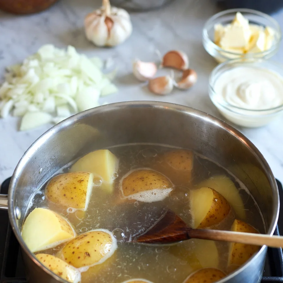 Potatoes simmering in broth until tender.