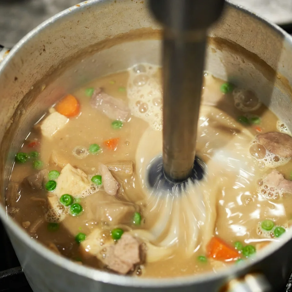 Soup being partially blended to creamy texture.