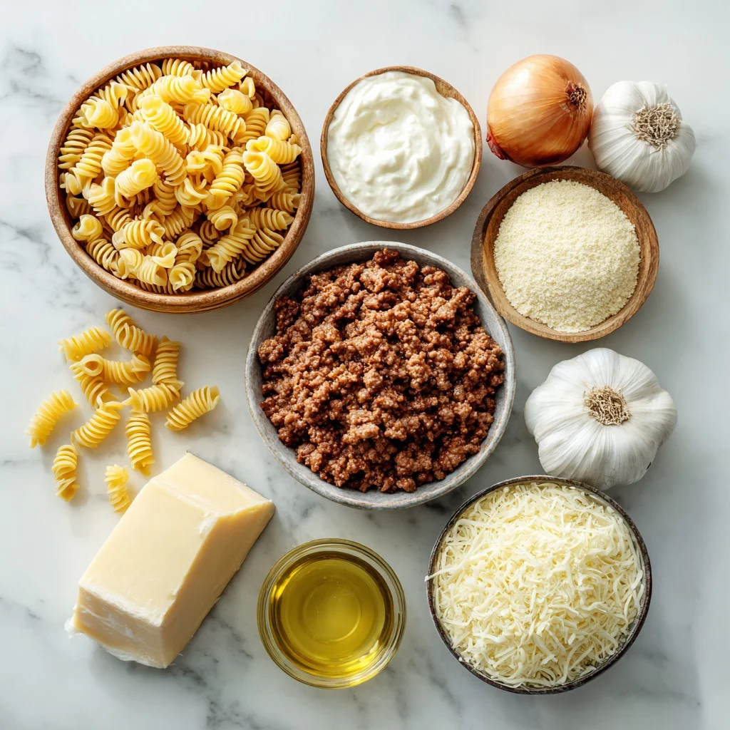 Ingredients used in Loaded Cheeseburger Alfredo Pasta