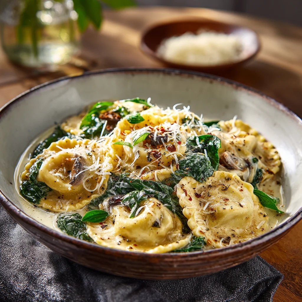 Mushroom Ravioli with Spinach Recipe 6 Mushroom ravioli with spinach served in creamy sauce