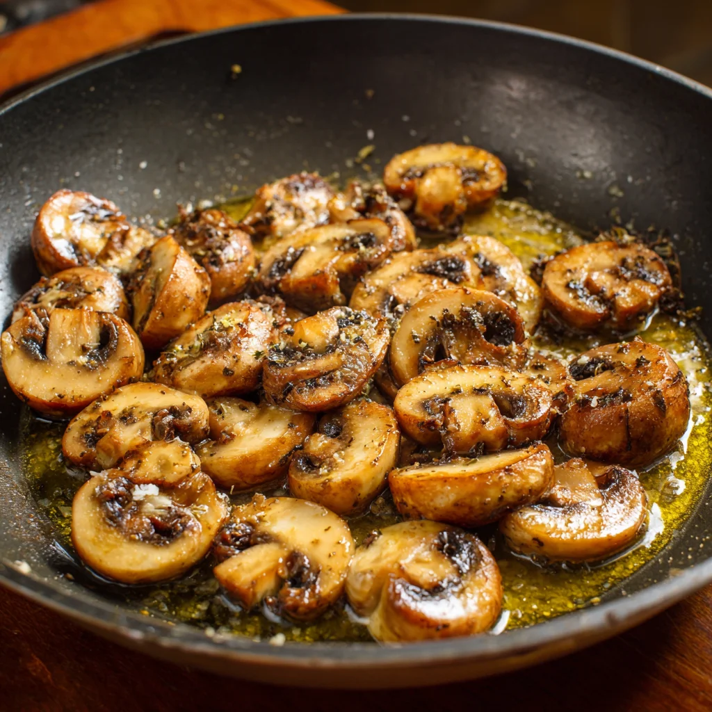 Mushroom Ravioli with Spinach Recipe 2 Sautéing mushrooms for mushroom ravioli with spinach recipe
