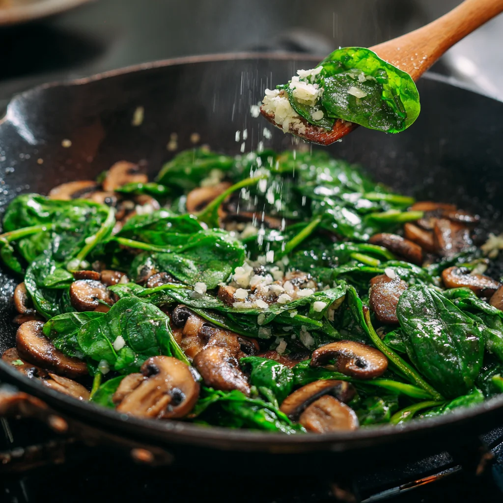 Mushroom Ravioli with Spinach Recipe 4 Adding spinach and garlic to mushrooms for veggie ravioli recipe