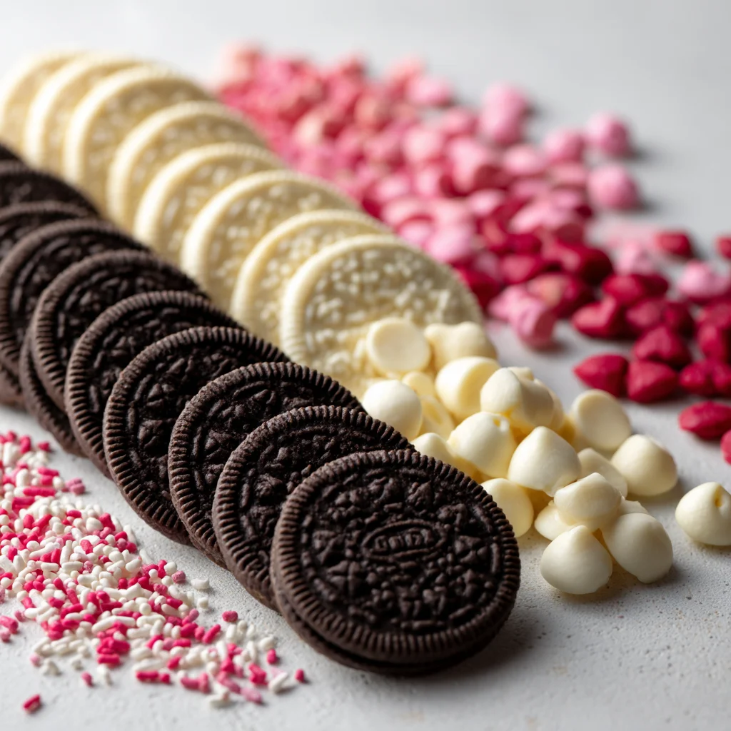 ingredients used in recipe Oreo Cookie Bark Valentine’s Day 