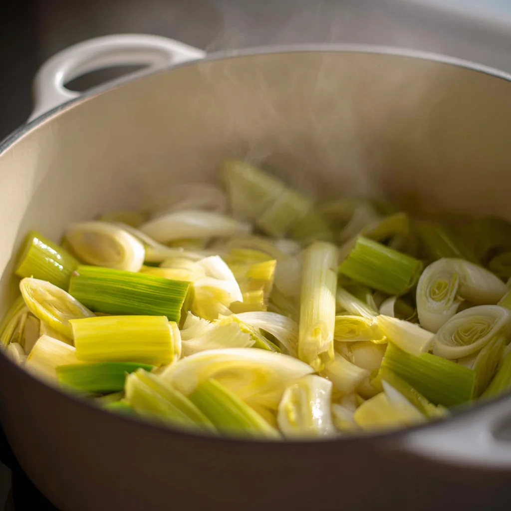 Potato Leek Soup 3 creamy potato leek soup simmering