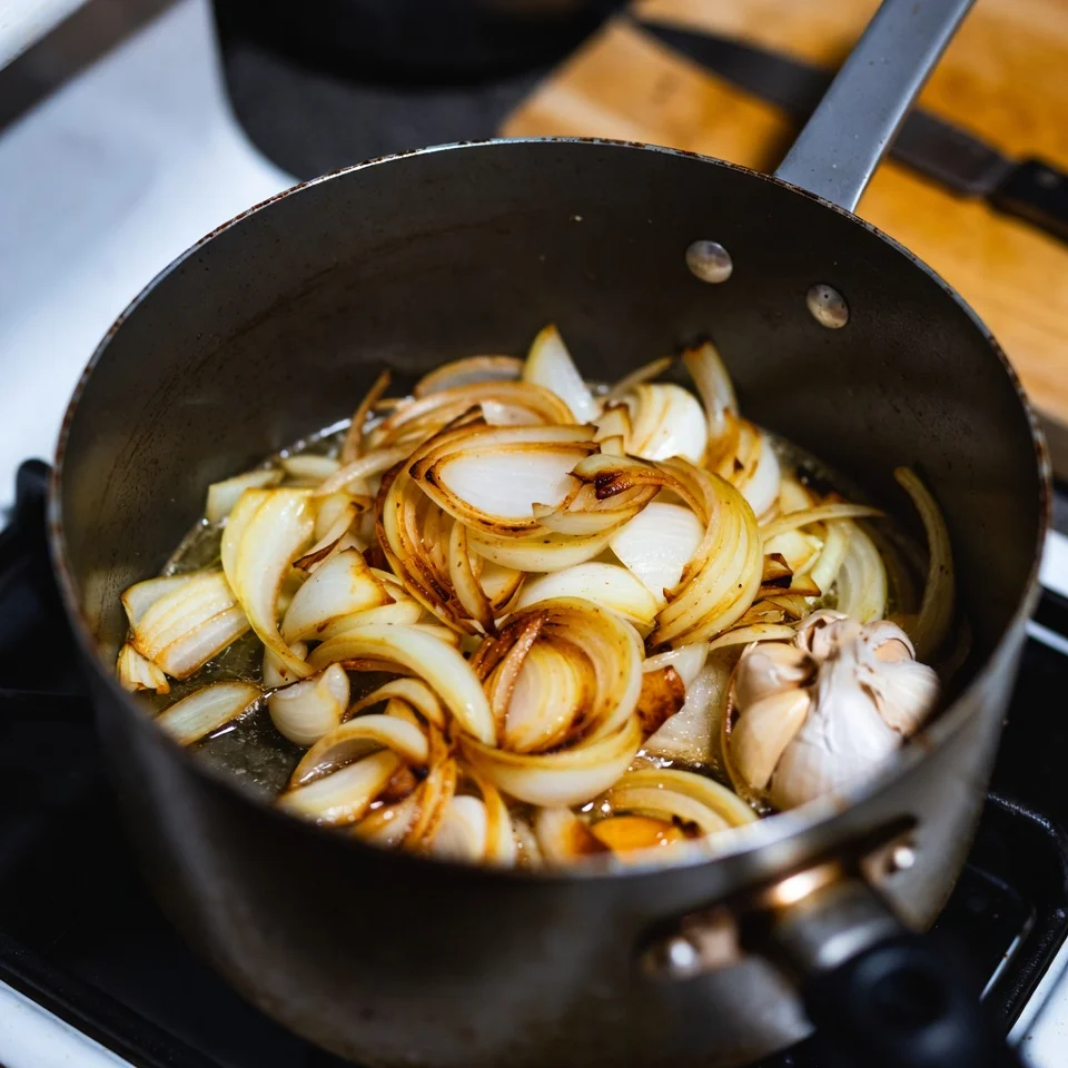 Sliced sausage browning in a pot on the stovetop, golden edges visible.