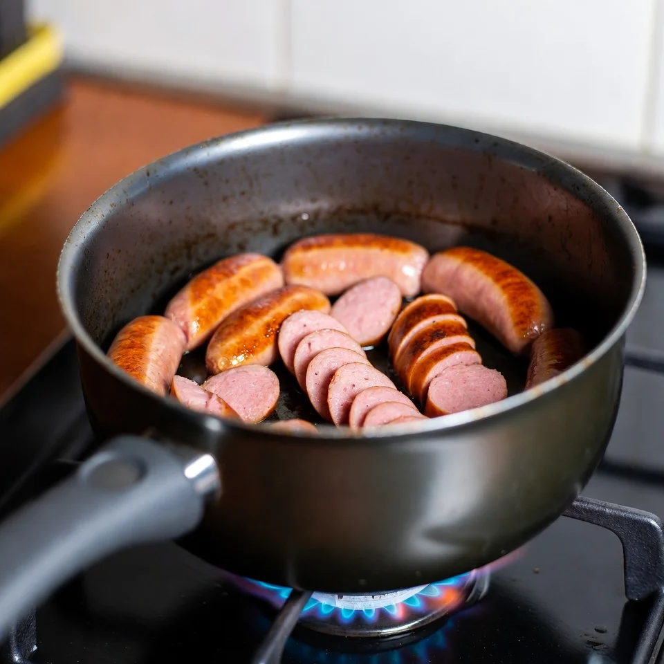 Onions and garlic sautéing in the same pot after sausage is removed.