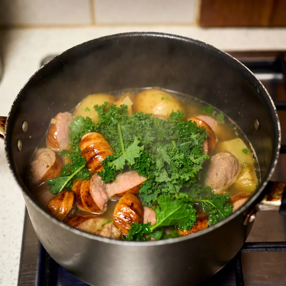 Potatoes and broth added to the pot, soup beginning to simmer.