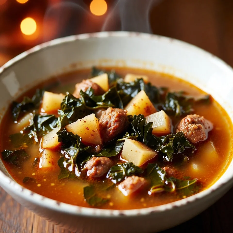 Finished sausage potato and kale soup served in a bowl, cozy fall setting.