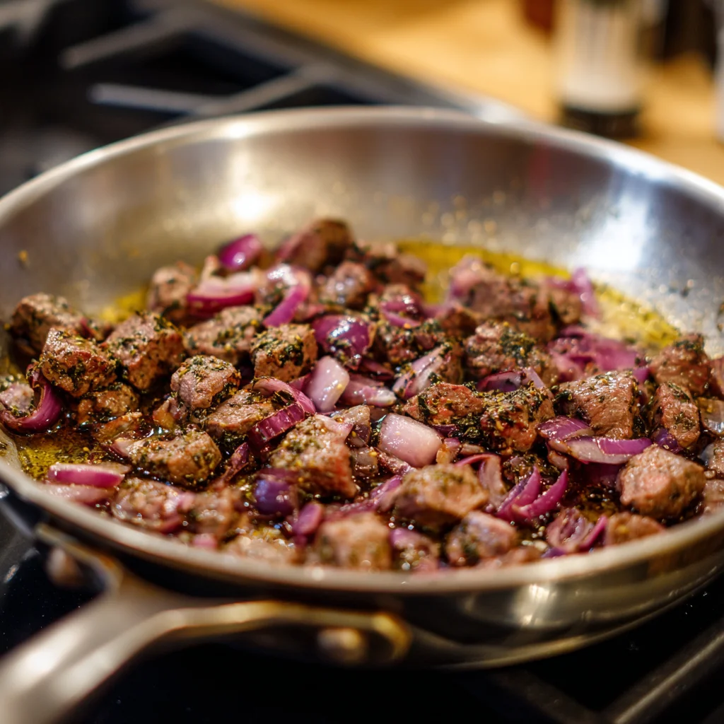 Heat olive oil in a skillet. Add onion and garlic, then cook beef with cumin, oregano, salt, and pepper until fully cooked.