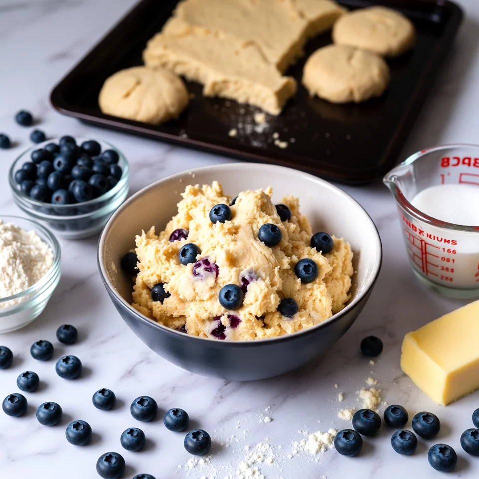 Blueberries folded gently into biscuit dough in mixing bowl.