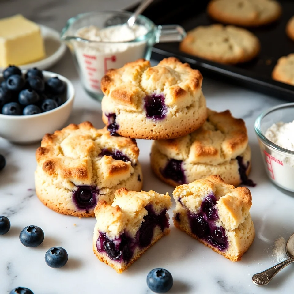 Golden sweet blueberry biscuits cooling, one biscuit broken open to show fluffy inside.