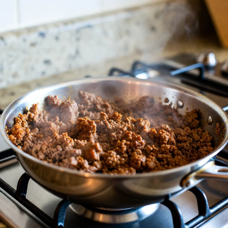 cook ground beef with onion until browned.