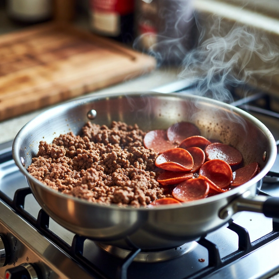 Pepperoni Pizza Sloppy Joes 4 cooking peprain and beef