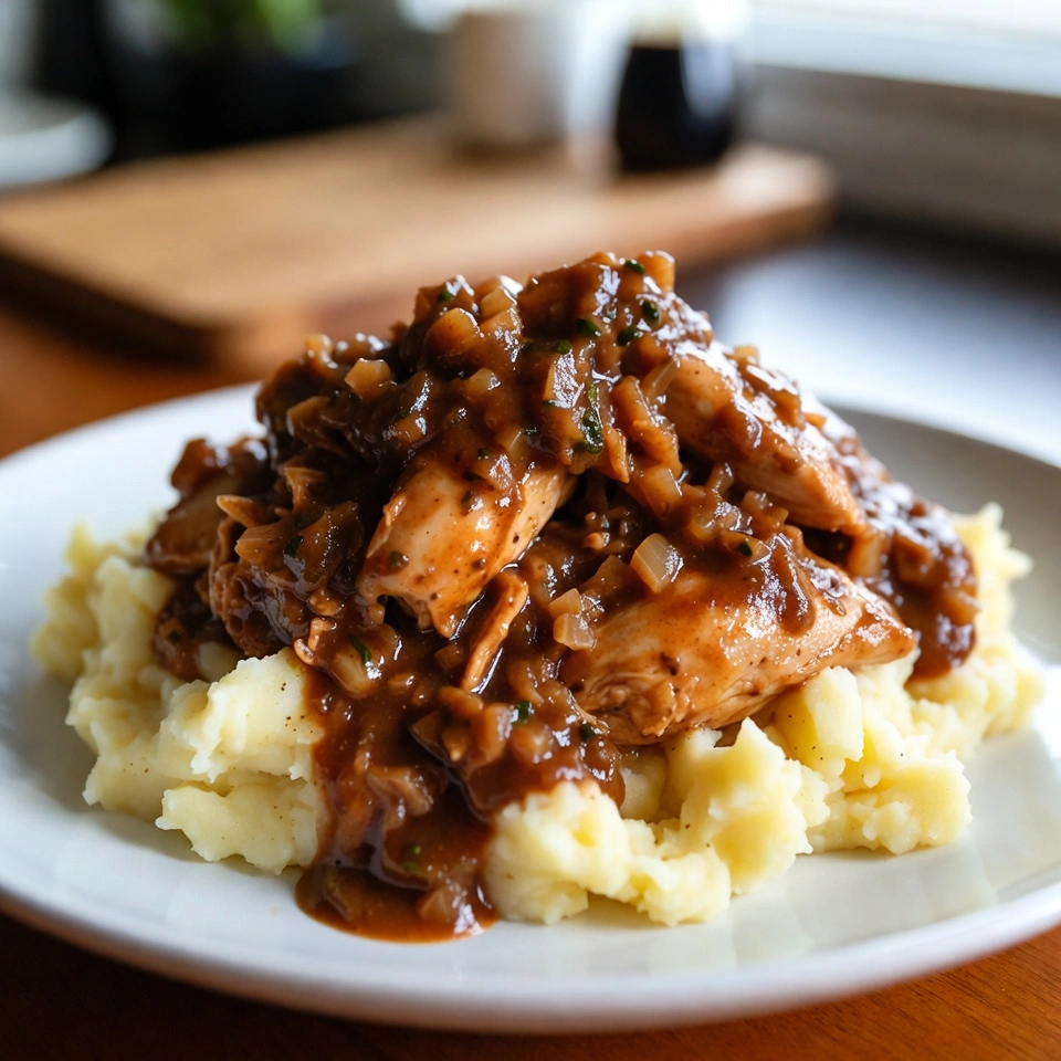 Slow cooker chicken and gravy in serving plate
