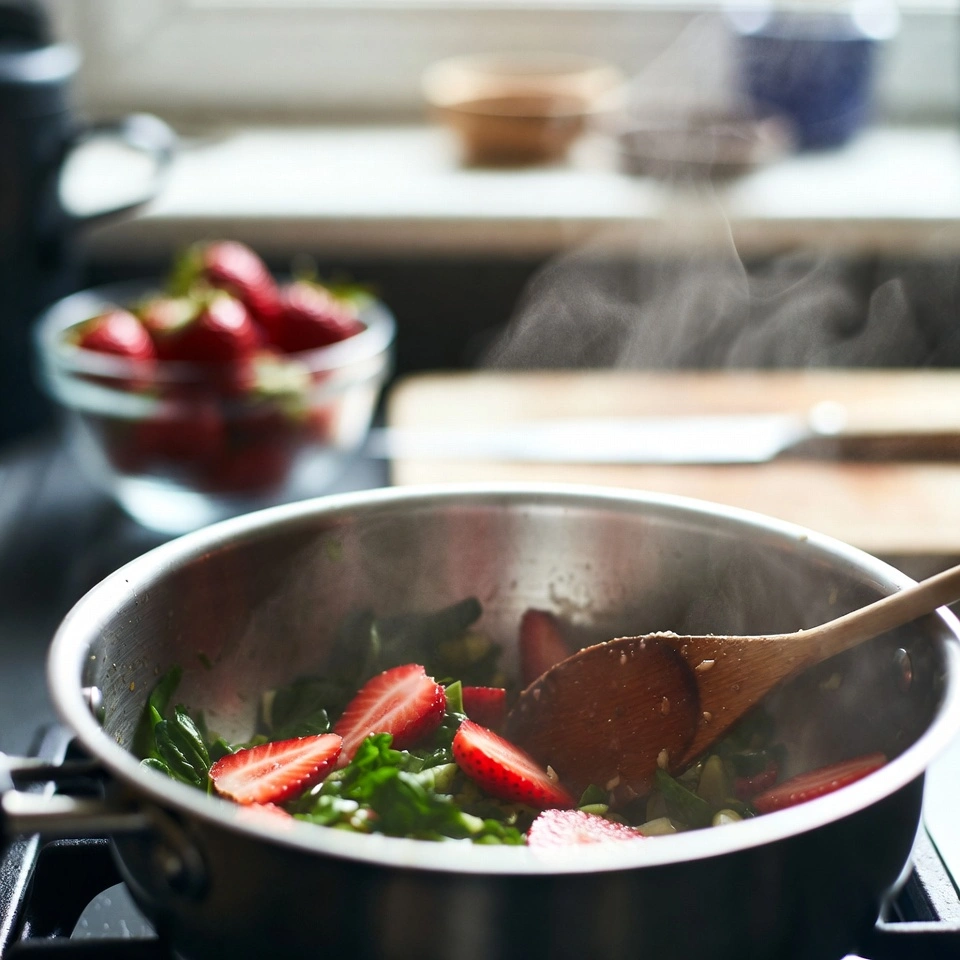 cooking strawberies and other ingredients