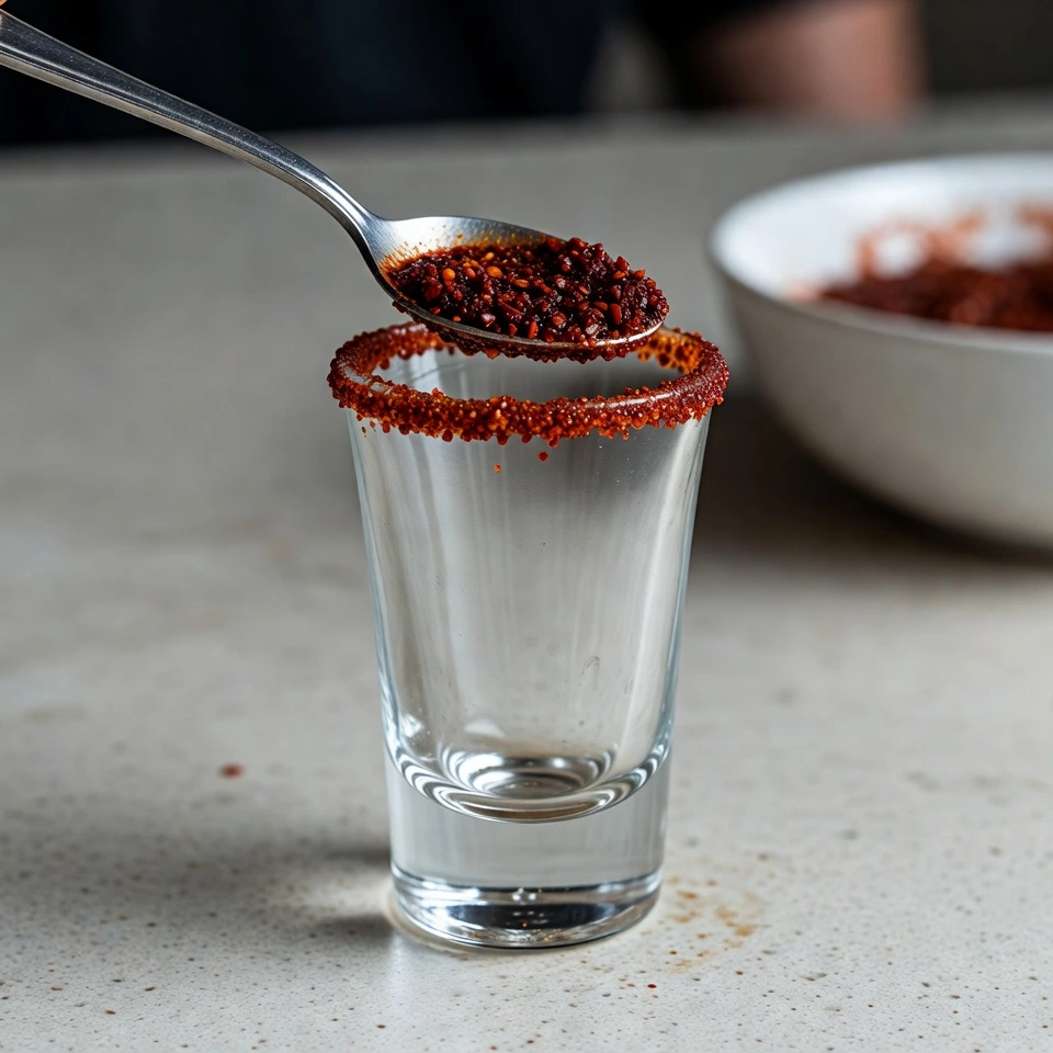 Mexican Candy Shot That’s Sweet, Spicy, and Instantly Party-Ready 4 riming mixture on glass edge