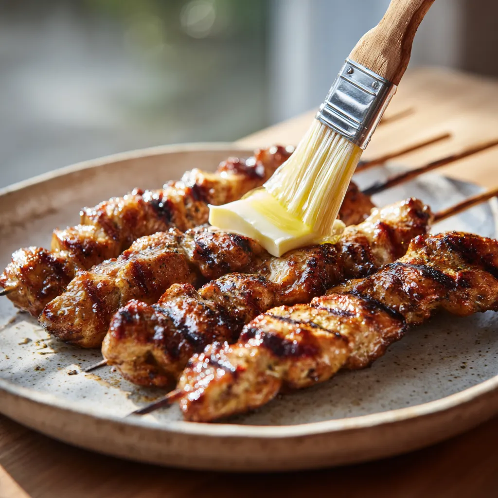 greesing the Grilled Cowboy Butter Chicken Skewers