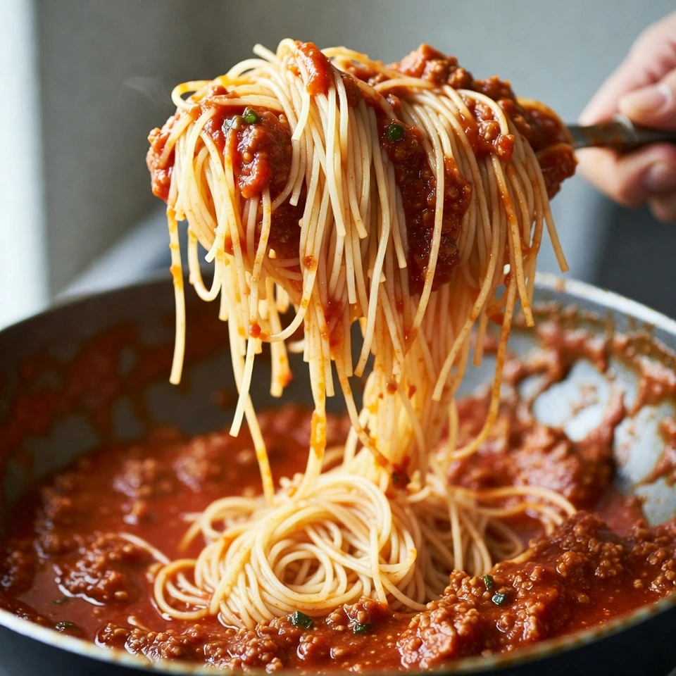 mixing pasta in sauce