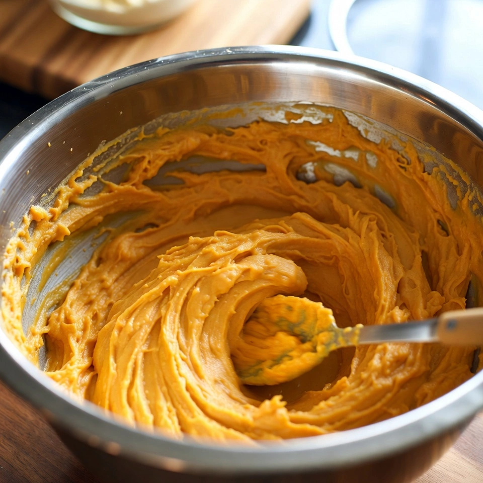 mixing the ingredients for No-Bake Salted Pecan Pumpkin Cheesecake