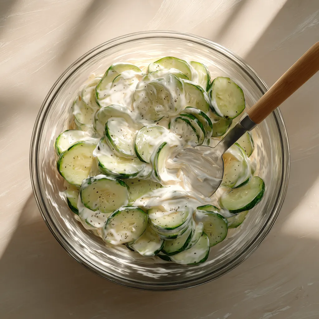 mixing Creamy Cucumber Salad