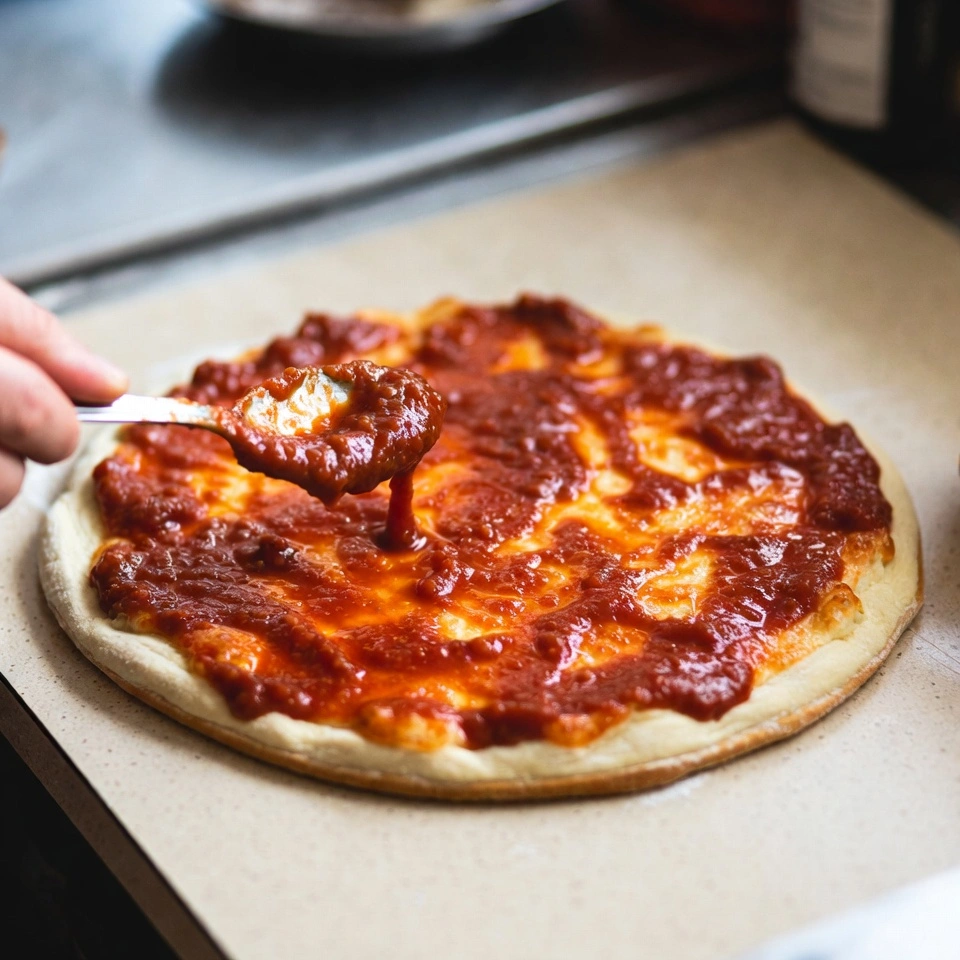 Domino’s Pizza Recipe 5 spreading sauce on dough