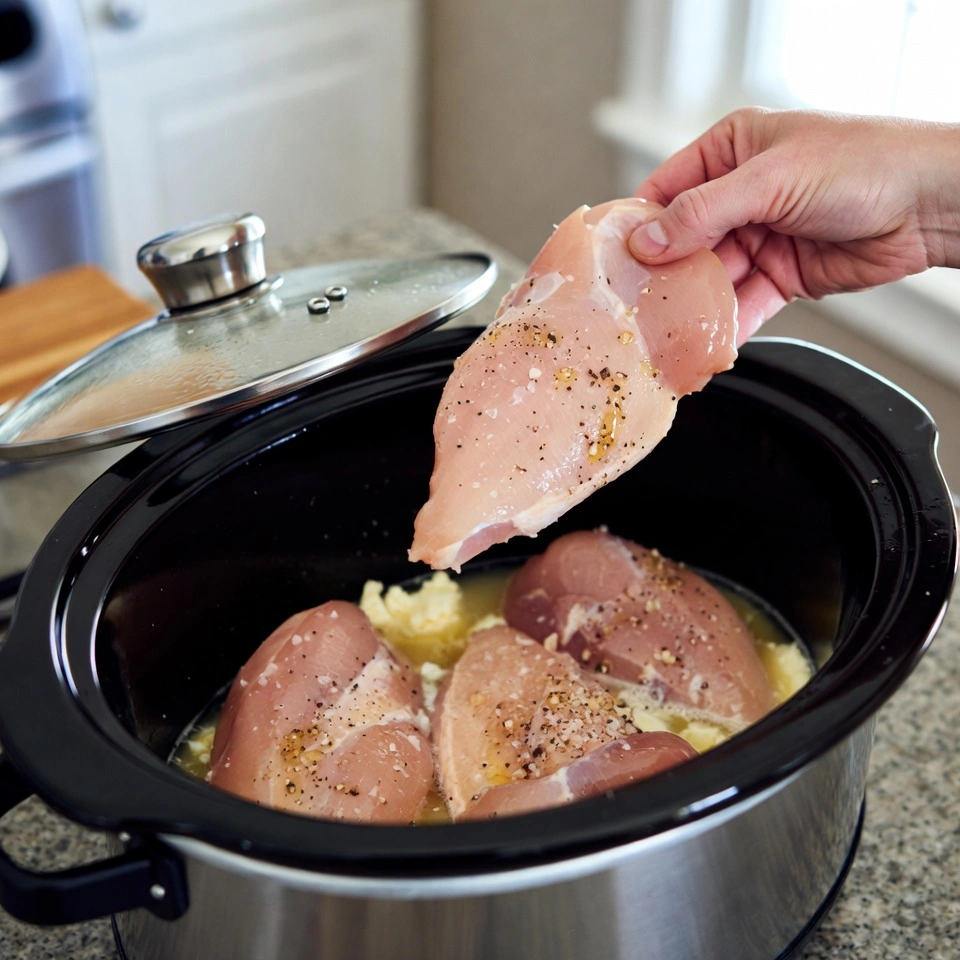Slow cooker chicken and gravy preparing