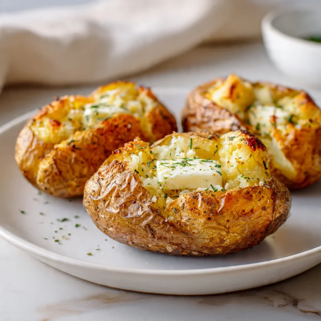 Air Fryer Baked Potato with Crispy Skin and Fluffy Center Every Time 5 Air Fryer baked potato opened to show fluffy inside
