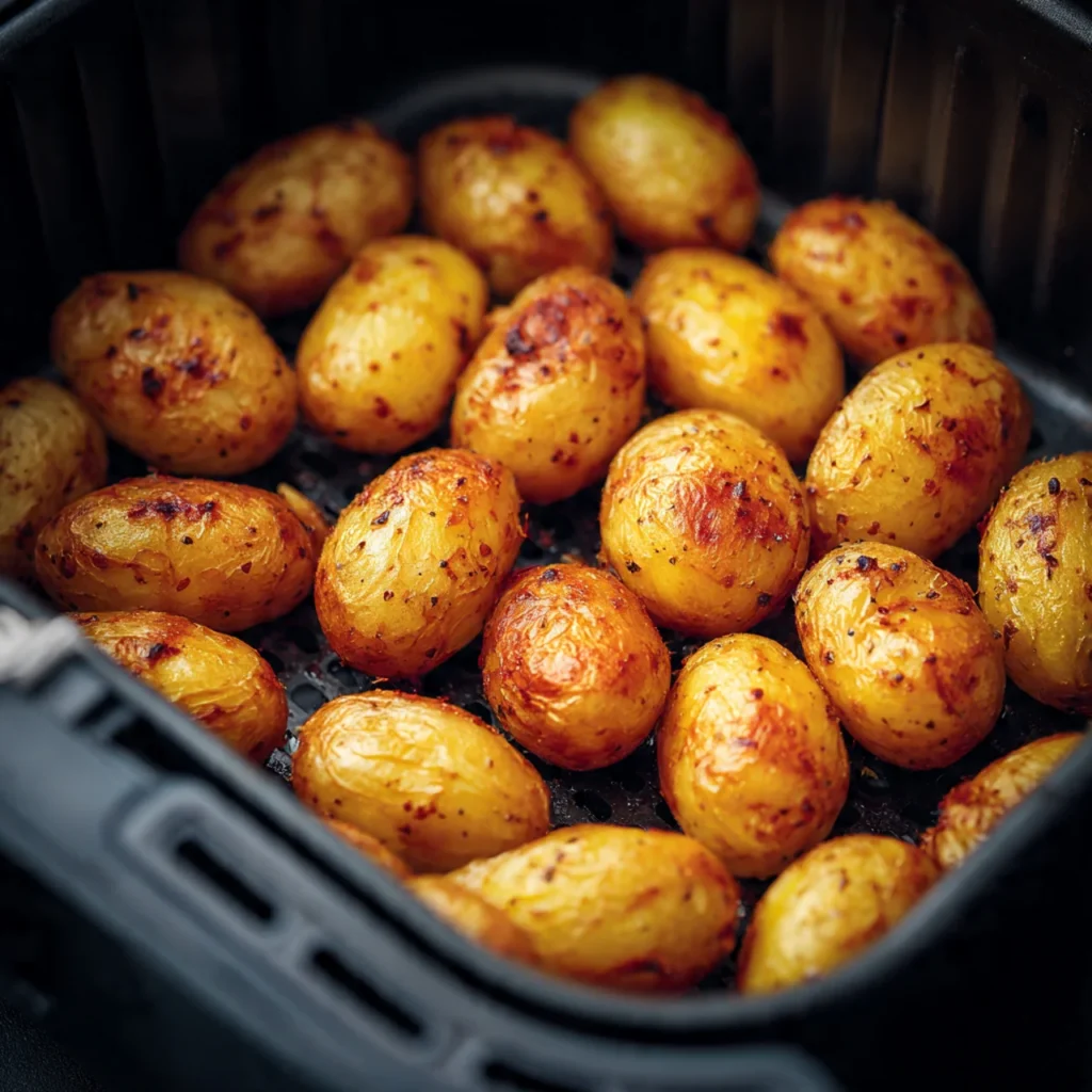 Air Fryer Baked Potato with Crispy Skin and Fluffy Center Every Time 4 Potatoes cooking inside air fryer basket