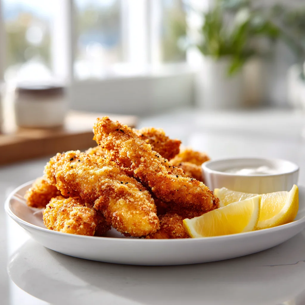 Air Fryer Chicken Tenders – Crispy Outside, Juicy Inside Every Time 5 Crispy air fryer chicken tenders served on white plate with lemon