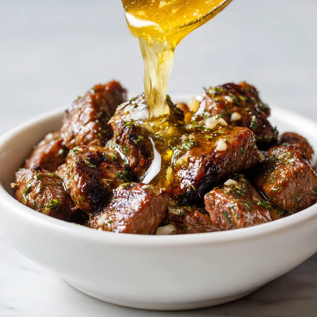 Air fryer garlic butter steak bites served in white bowl