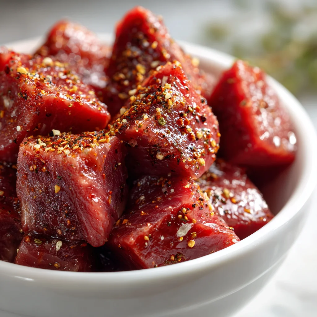 Seasoned steak cubes prepared for air fryer garlic butter steak bites