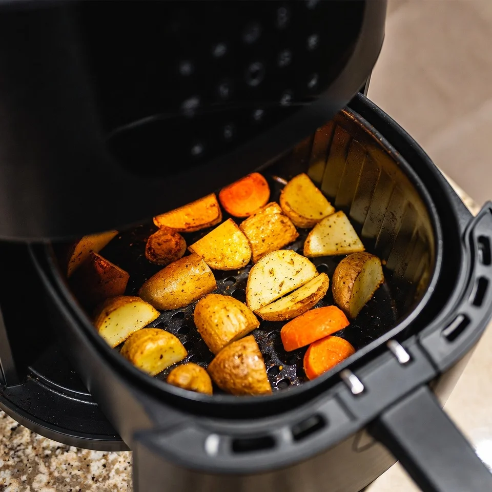 Root vegetables in air fryer basket ready to cook