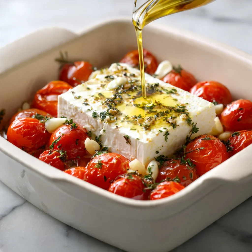 Baked Feta Pasta with Roasted Tomatoes and Creamy Mediterranean Flavor 3 Cherry tomatoes and feta prepared in baking dish for baked feta pasta