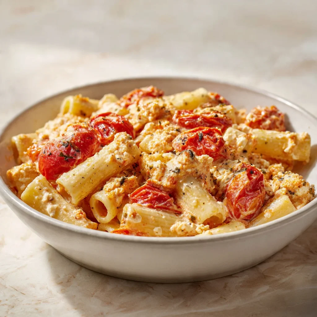 Baked Feta Pasta with Roasted Tomatoes and Creamy Mediterranean Flavor 5 Mixing pasta with roasted tomatoes and baked feta sauce