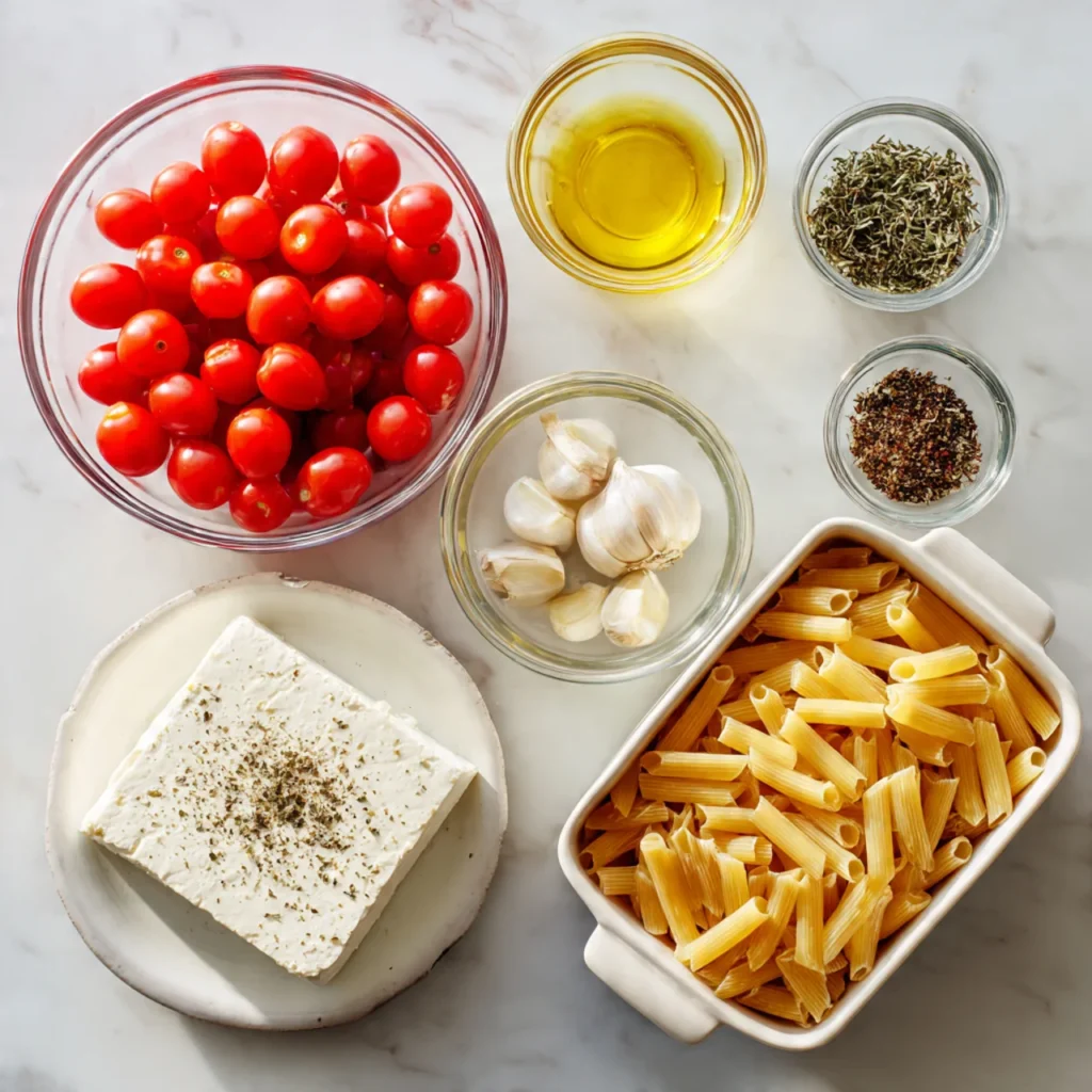 Baked Feta Pasta with Roasted Tomatoes and Creamy Mediterranean Flavor 2 Ingredients used in Baked Feta Pasta with Roasted Tomatoes